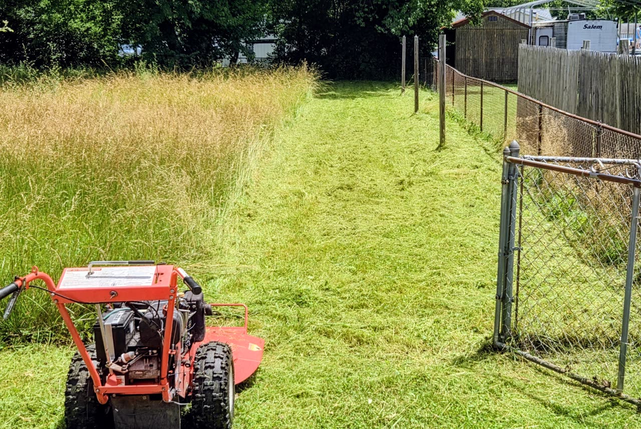 Overgrown grass on the left mowed down to a clean, even cut on the right &mdash; before and after of a Down to Earth field mowing
