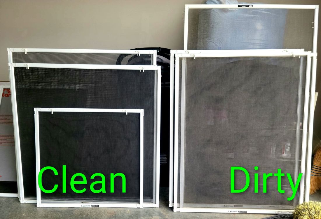 Side-by-side comparison of clean vs dirty window screens after Down to Earth's professional cleaning