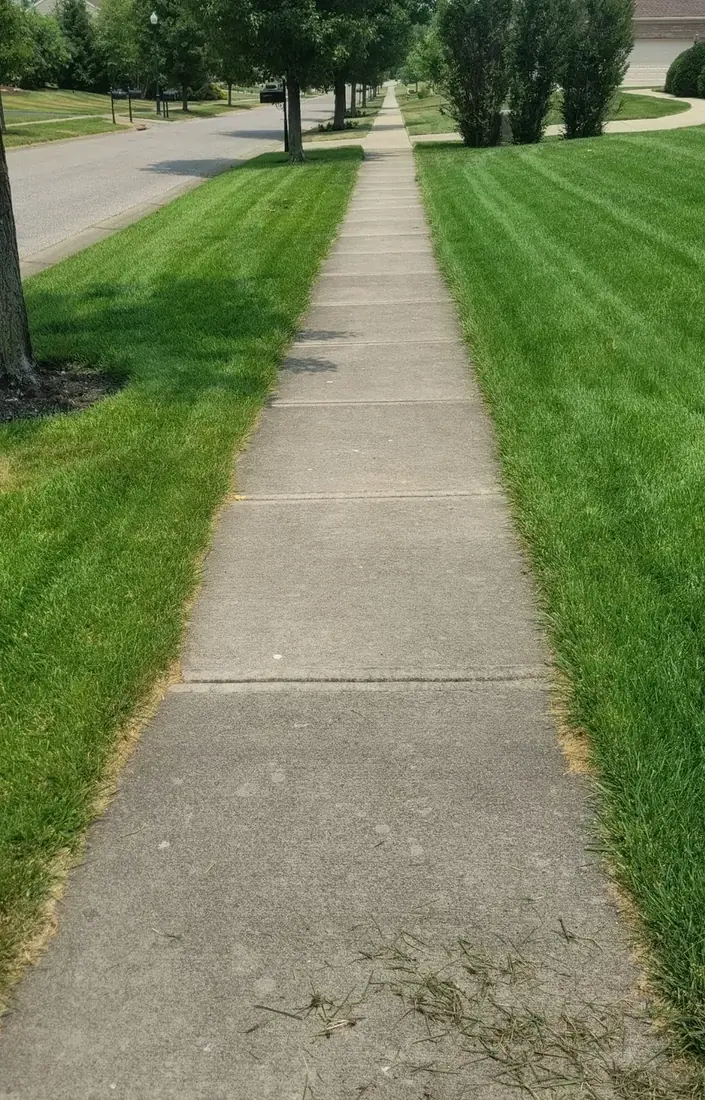 Lawn edge along a sidewalk untidy and overgrown with clippings before edging